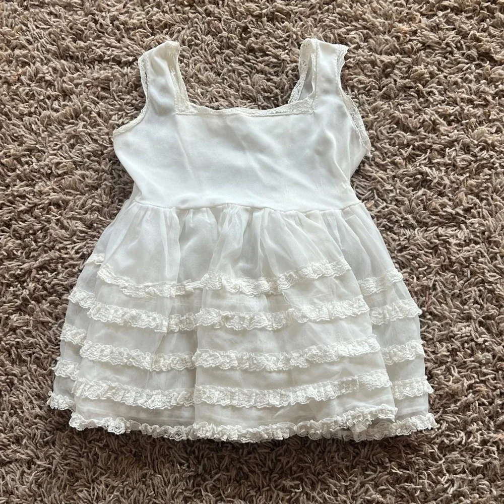 Vintage White Sheer Tiered Ruffle Lace‎ Trim Baby Doll Top Short Dress